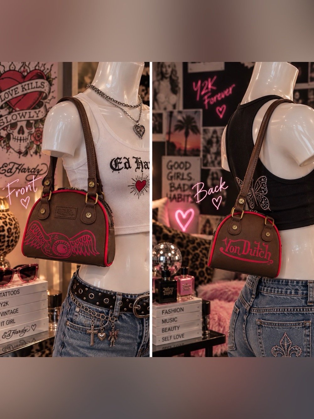 Von Dutch Brown Mini Satchel with Pink Trim and Logo